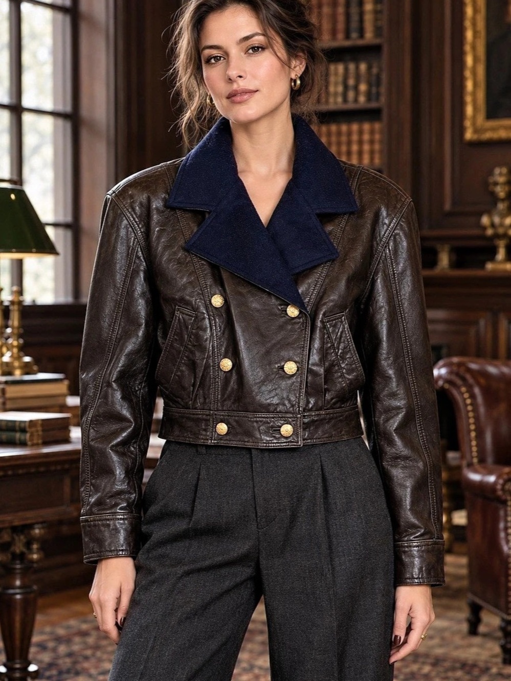 Vintage Escada Leather Jacket Wool Cashmere Collar Old Money Dark Academia 38